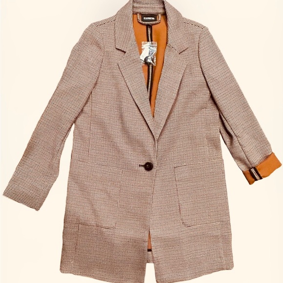 NWT Express Women’s Houndstooth/Plaid Brown, Red & Blue Long Blazer Jacket SZ M - Picture 2 of 6